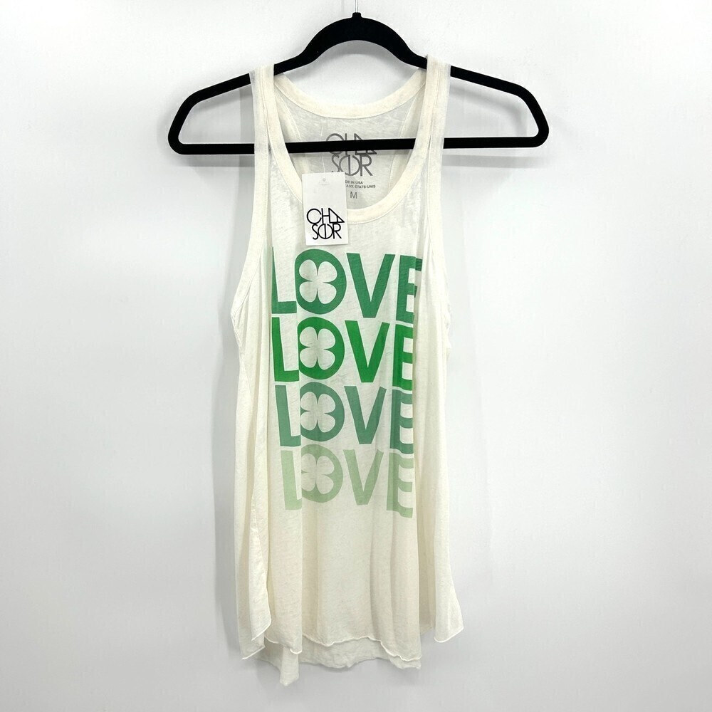NWT CHASER Ivory Green Love Lucky Clover Burnout Summer Tank Top Size Medium